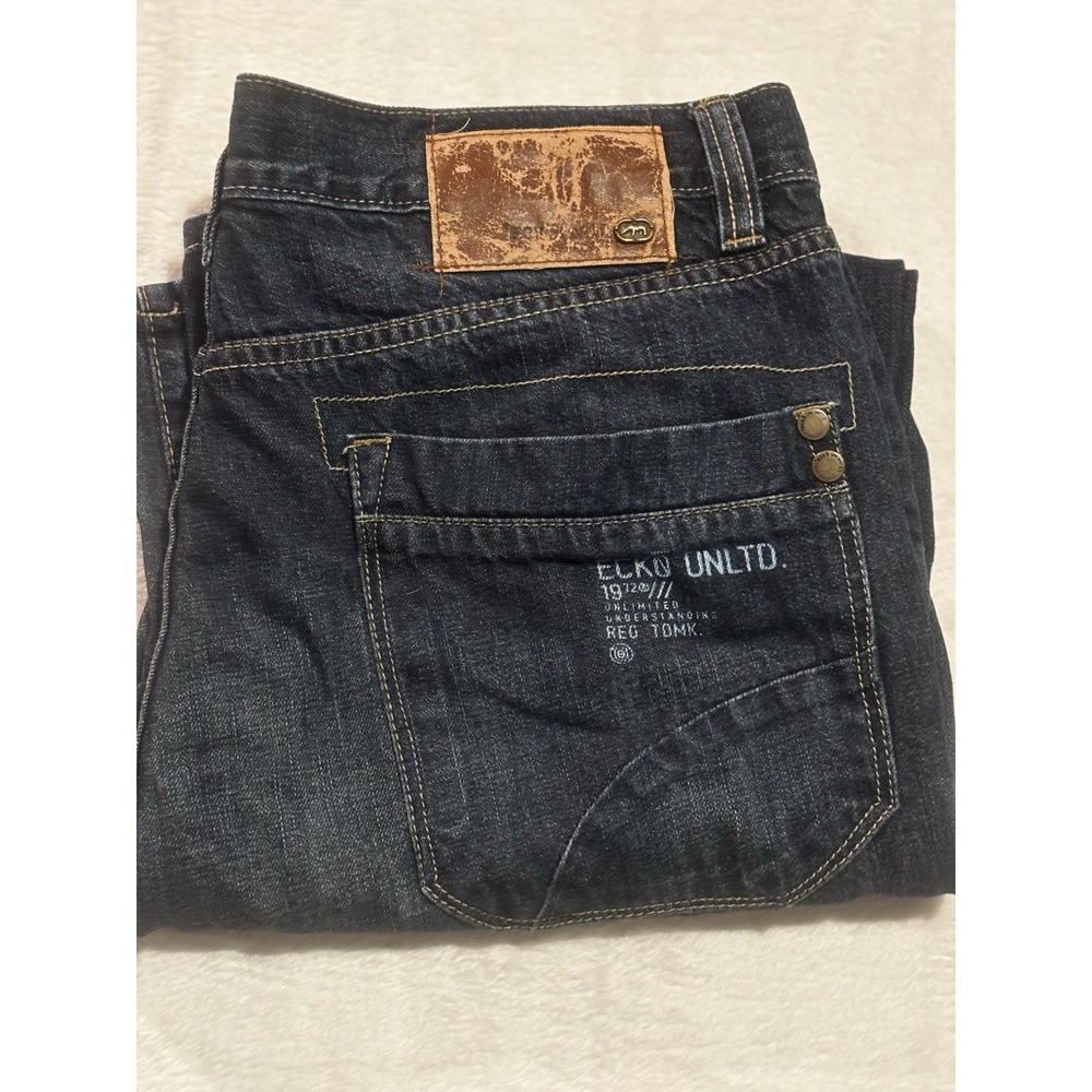 Ecko Unltd Jeans Straight 36x32 Blue Y2K Rhino‎ Patch Skater VTG Men Dark